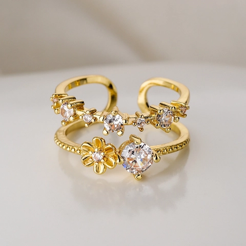 Elegante Koperen Verstelbare Open Ring Zirkoon Geometrische Zonnebloem Ster Maan Verguld INS Stijl Dames Sieraden