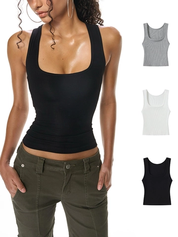 Ribbed Square Neck Tank Top Women Slim Fit Viscose Spandex Sleeveless Racerback Vest Solid Summer Activewear