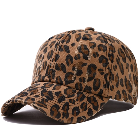 Leopard Print Distressed Baseball Cap Washed Cotton Vintage Streetwear Adjustable Metal Buckle Breathable Sun Hat Unisex