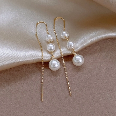 Long Tassel Artificial Pearl Ear Threader Earrings Gold Plated Alloy With 925 Sterling Silver Earring Post Elegant Drop For Women
