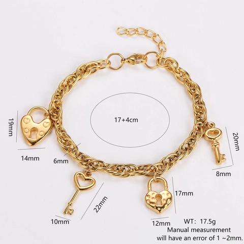 Bracciale Con Pendente Serratura A Cuore E Chiave In Acciaio Inossidabile Placcato Oro Catena Regolabile Gioielli Donna
