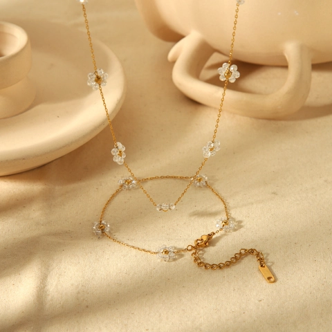 Flower Charm Necklace And Bracelet Jewelry Set 18K Gold Plated Stainless Steel Floral Pendants Waterproof For Women