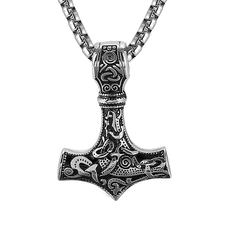 Thor Hammer Skull Snake Pendant Necklace Stainless Steel Vintage Gothic Punk Jewelry For Men Women