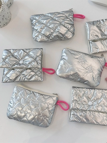 Quilted Metallic Silver Storage Bag Heart Bow Pattern Padded Cosmetic Pouch Makeup Organizer Travel Coin Purse Bag