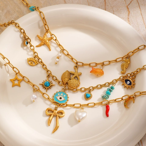 Collana con Pendente Cuore Sole Luna Oceano in Acciaio Inossidabile Bohemien Gioielli con Ciondolo Stella Marina Tartaruga Oro