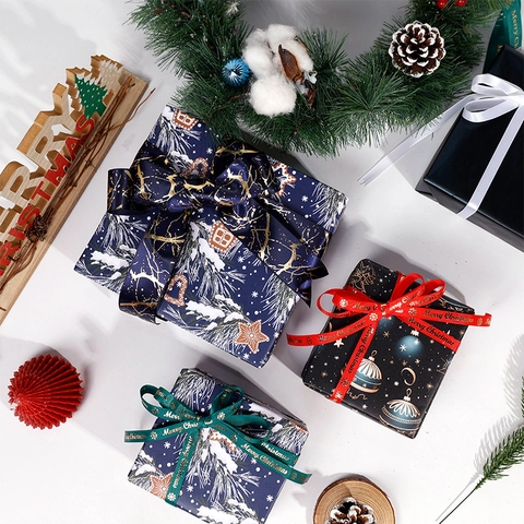 Christmas Gift Wrapping Paper Roll Waterproof Kraft Coated Paper Festive Snow House Starry Sky Pattern Holiday Present Packaging