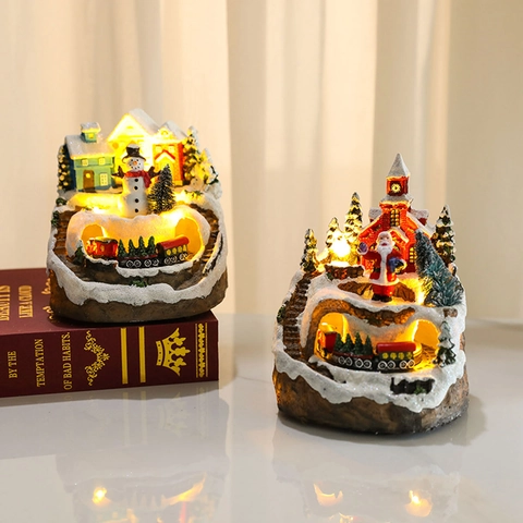 Christmas Miniature Village Resin Luminous House Musical Rotating Train Ornament LED Glowing Desktop Holiday Decor