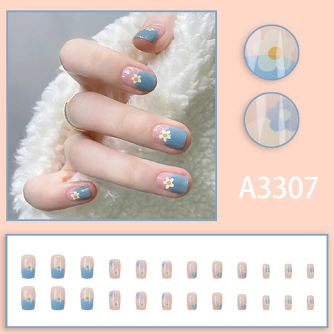 Press On Nails Kurze Quadratisch Runde Form Gänseblümchen Blumendruck Blau Rosa Farbverlauf Süße Frische Künstliche Nägel Damen