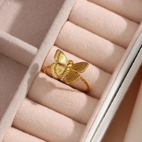 Vlinder Roestvrijstalen Ring 18K Verguld Verstelbaar Open Gedraaide Textuur Mode Sieraden Voor Dames