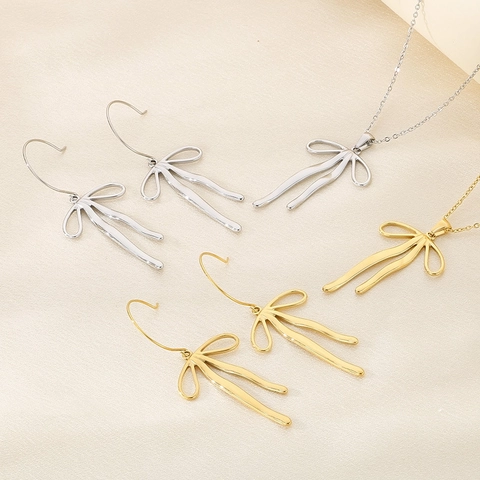 Bowknot Jewelry Stainless Steel Bow Ribbon Pendant Necklace And Earrings Fashion Sweet Minimalist For Women
