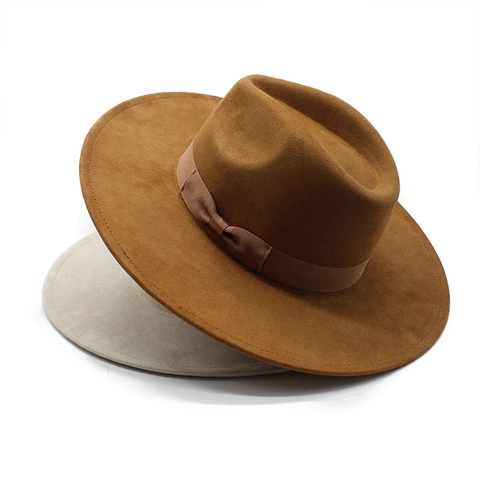 Fedora Hoed Met Brede Rand Van Polyester Suède Vilt Met Striklint Voor Heren En Dames