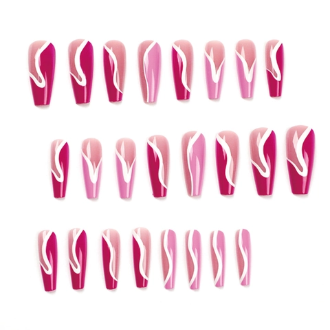Uñas Postizas Press On Coffin Largo Degradado Rosa Rojo Rosa Blanco Ondulado Swirl Brillo Bailarina Para Mujeres
