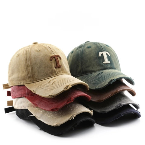Retro Washed Cotton Baseball Cap Distressed Letter T Embroidery Adjustable Street Sun Shade Hat For Men Women