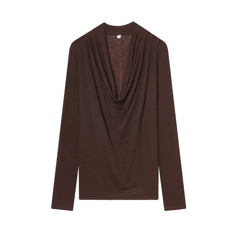 T-Shirt Femme À Manches Longues Col Bénitier Drapé Coupe Ajustée Pull En Tricot Haut Décontracté Streetwear