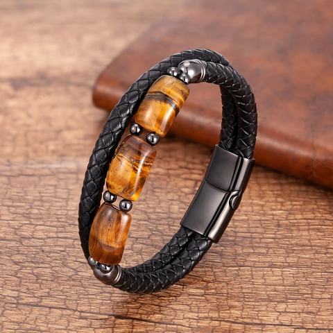 Bracelet Pour Hommes En Cuir Tressé Avec Perles De Pierre Oeil De Tigre Et Fermoir Magnétique En Acier Inoxydable