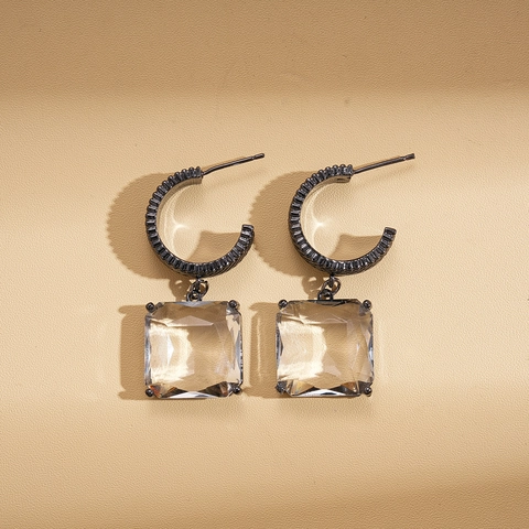 Geometric C-Shape Drop Earrings With Herringbone Texture Square Glass Crystal And Silver Earring Post For Women