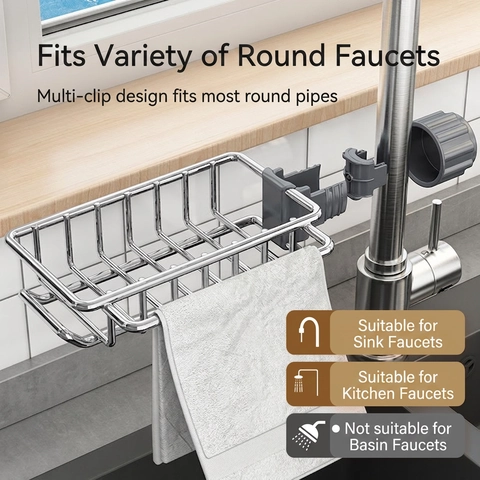 Stainless Steel Faucet Storage Rack Kitchen Sink Drainer Sponge Soap Holder Adjustable Hanging Organizer Towel Bar Hooks