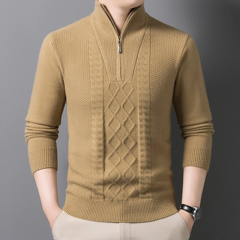Herren Viertelreißverschluss Pullover Stehkragen Zopfmuster Acrylmischung Langarm Warm Dick Business Casual