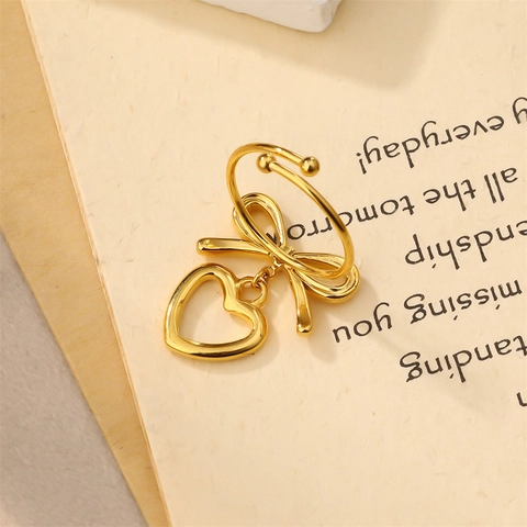 Anello Aperto in Acciaio Inossidabile con Fiocco a Cuore Cavo Francese Elegante per Donna Dolce Leggero Lusso a Forma di Cuore Regolabile Oro
