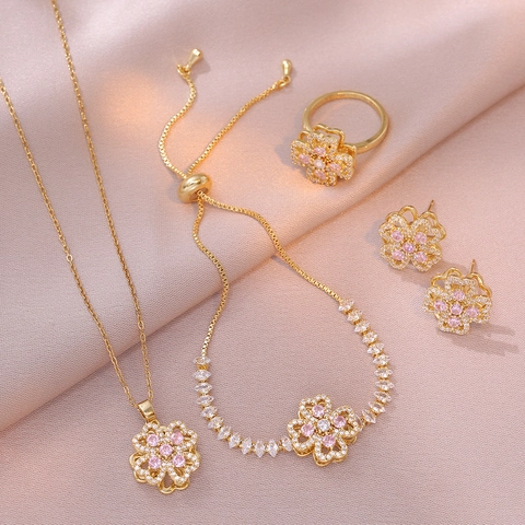 Rotating Heart Clover Stainless Steel Necklace Earrings Ring Bracelet For Women Pink White Rhinestone Fashion Jewelry Accessories