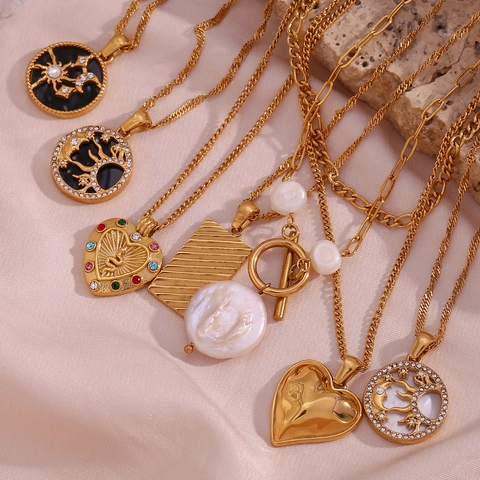 Collana Pendente Acciaio Inossidabile Placcato Oro 18K Retrò Sole Luna Stella Cuore Malocchio Conchiglia Perla Artificiale Gioielli Donna