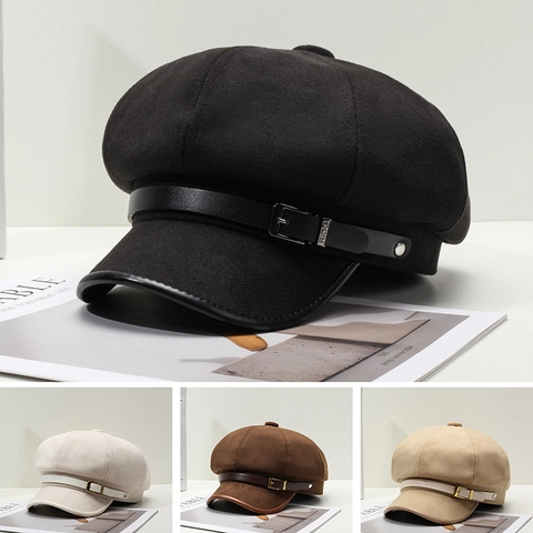 Cappello Newsboy Vintage In Lana Cappello Ottagonale Stile Britannico Retrò Caldo Autunno Inverno Copricapo Da Donna Cinturino In Pelle Fibbia In Metallo