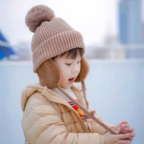 Kids Knitted Earflap Hat Winter Warm Fleece Lined With Pom Pom Windproof Beanie For Toddlers Boys Girls