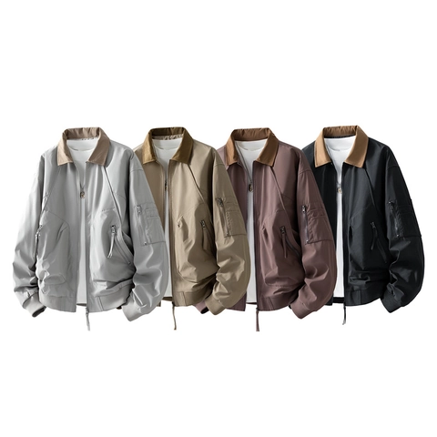Blouson Bomber Homme Color Block Col Contrasté Polyester Coupe-vent Décontracté Multi-poches Zippé Flight Outerwear