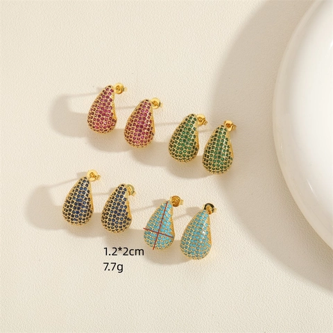 Hollow Teardrop Stud Earrings With Brass And Colorful Cubic Zirconia Micro Pave Trendy Elegant Jewelry For Women