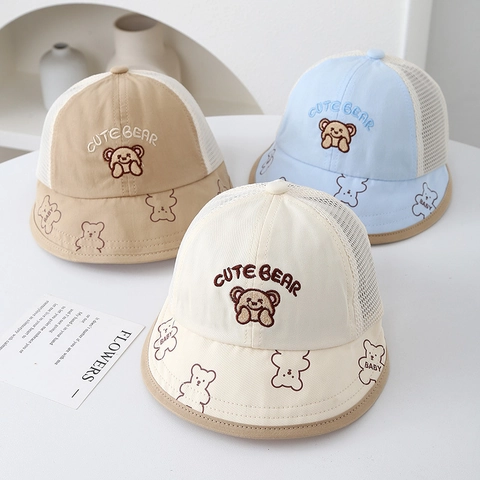 Cappello Sole Neonato Rete Traspirante Cotone Ricamo Orso Cartone Animato Estate Esterno Regolabile Tesa Morbida Piccoli