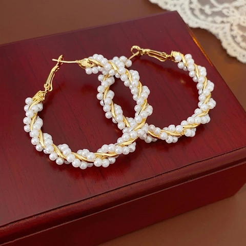 Gedraaide Hoop Oorbellen Met Imitatie Kunstparel Legering Geweven Groot Rond Elegant Frans Vintage Voor Dames Zilveren Oorsteker