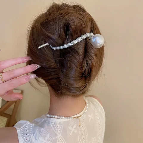 Elegante Kunstparels Haarklem Twist Clip Voor Dames Zilverkleurige Legering Gradiënt Imitatieparels Franse Stijl Haarspeld Accessoire