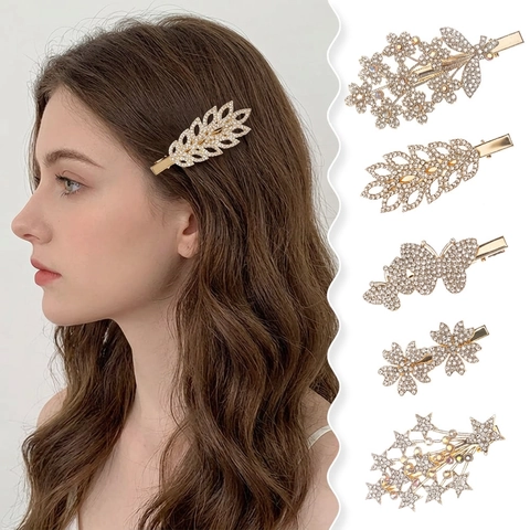 Barrette À Cheveux Bec De Canard Élégante En Strass Alliage Métallique Fleur Scintillante Papillon Forme De Feuille Pour Femmes