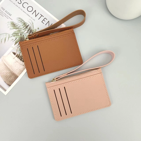 Slim Card Holder Coin Purse PU Leather Zipper Minimalist Solid Color Wallet With Wrist Strap For Women
