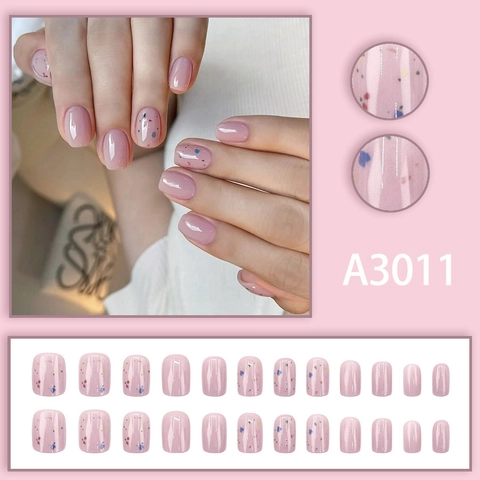 Short Square Round Press On Nails Nude Pink Floral Pattern Colorful Sequins Sweet Style Glossy Artificial Finger Nails
