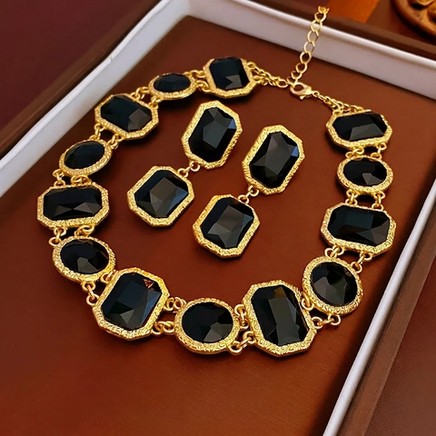 Joyas Vintage Collar Y Pendientes Cristal Negro Aleación Con Poste Plata Retro Lujo Accesorio Moda Mujeres