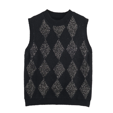 Débardeur En Maille À Paillettes Argyle Sans Manches Col Rond Polyester Peluche Gilet Élégant Haut Décontracté Femmes