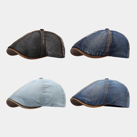 Vintage Gewaschene Denim Schirmmütze Mit Kunstlederbrim Kontrastnähten Verstellbare Ivy Cap Für Herren Und Damen