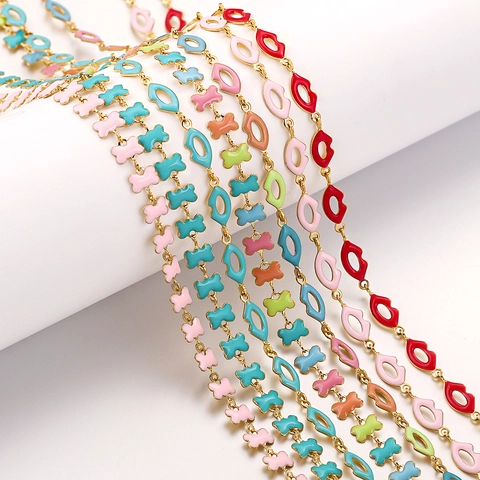 Stainless Steel Jewelry Making Chain With Enamel Butterfly Lip Pendants For DIY Necklace Bracelet Gold Plated Findings