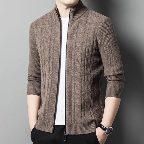 Men's Pure Wool Knit Cardigan Sweater Stand Collar Full Zip Cable Knit Long Sleeve Business Casual Slim Fit Jacket