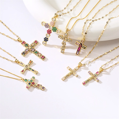 Cross Pendant Necklace Copper With Colorful Zircon Micro Inlaid Box Chain Religious Fashion Jewelry Unisex