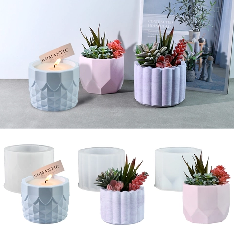 Silicone Mold DIY Succulent Flower Pot Candle Holder Geometric Textures Reusable Mirror Surface Crafting Accessory