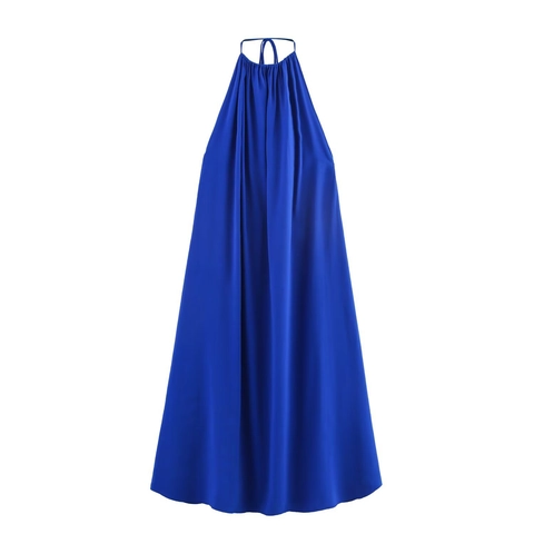 Sexy Royal Blue Halter Neck Midi Dress For Women Pleated Backless A-Line Party Dress Solid Color Summer Vacation Dress
