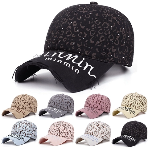 Cappello Da Baseball Stampa Leopardata Cotone Strass Effetto Consumato Ricamo Streetwear Moda Donne Uomini