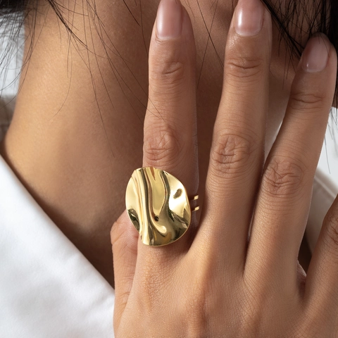 Onregelmatige Gerimpelde Geometrische Open Ring Roestvrij Staal Verstelbare Golfschijf Gepolijst Retro Ins Stijl Sieraden Vrouw