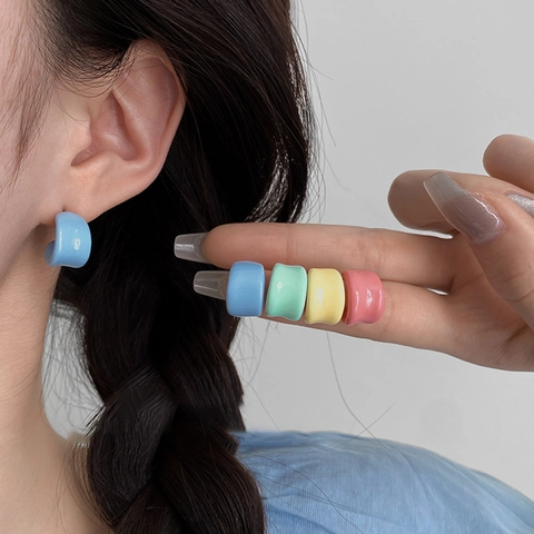 Colorful C-Shape Stud Earrings With 925 Sterling Silver Earring Post Minimalist Enamel Geometric Dopamine Style Women