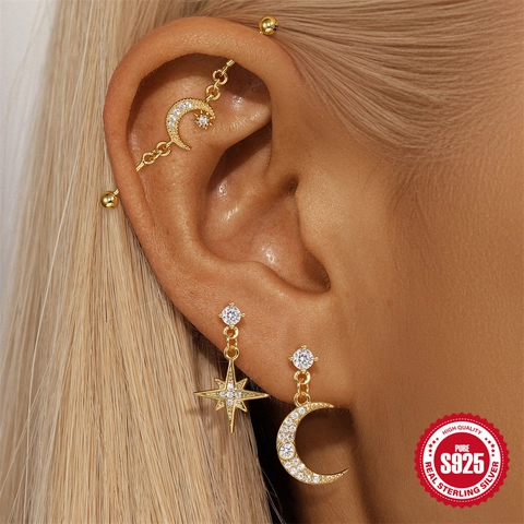 925 Argento Sterling Piercing Industriale Bilanciere Orecchino Zirconia Catena Farfalla Luna Stella Corpo Gioielli