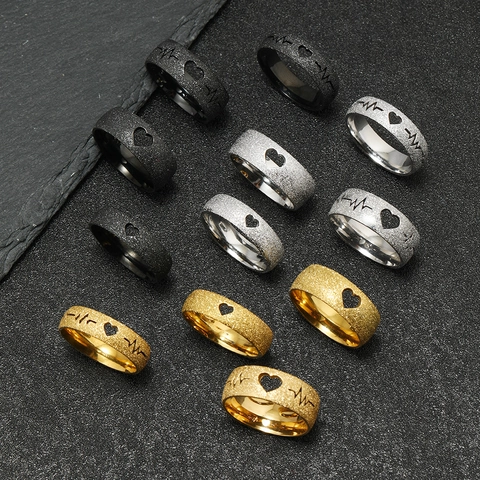 Frosted Stainless Steel Ring Hollow Heart Heartbeat Line EKG Fashion Jewelry Unisex