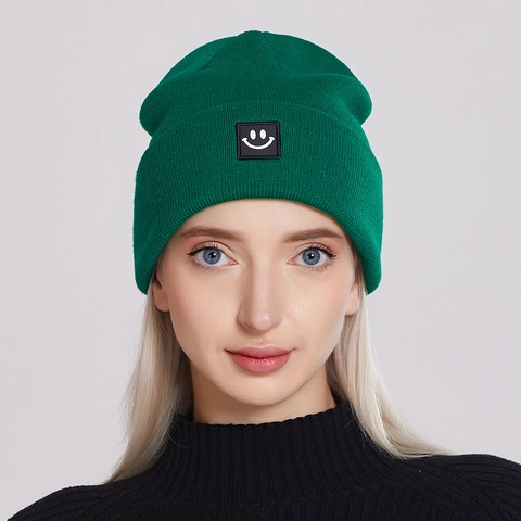 Acrylic Knitted Beanie Hat Warm Winter Outdoor Happy Face Patch Cuffed Ribbed Casual Unisex