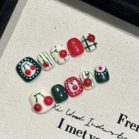 Kids Press On Nails Cute 3D Cherry Design Plaid Polka Dot Resin Square Head Artificial False Fingernails For Girls